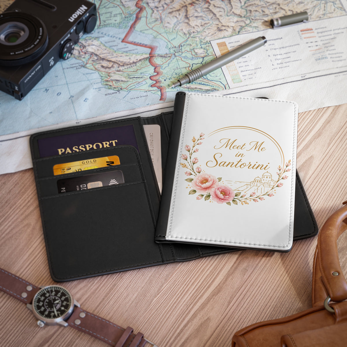 Copy of Santorini Floral Passport Cover – "Meet Me in Santorini" Travel Wallet