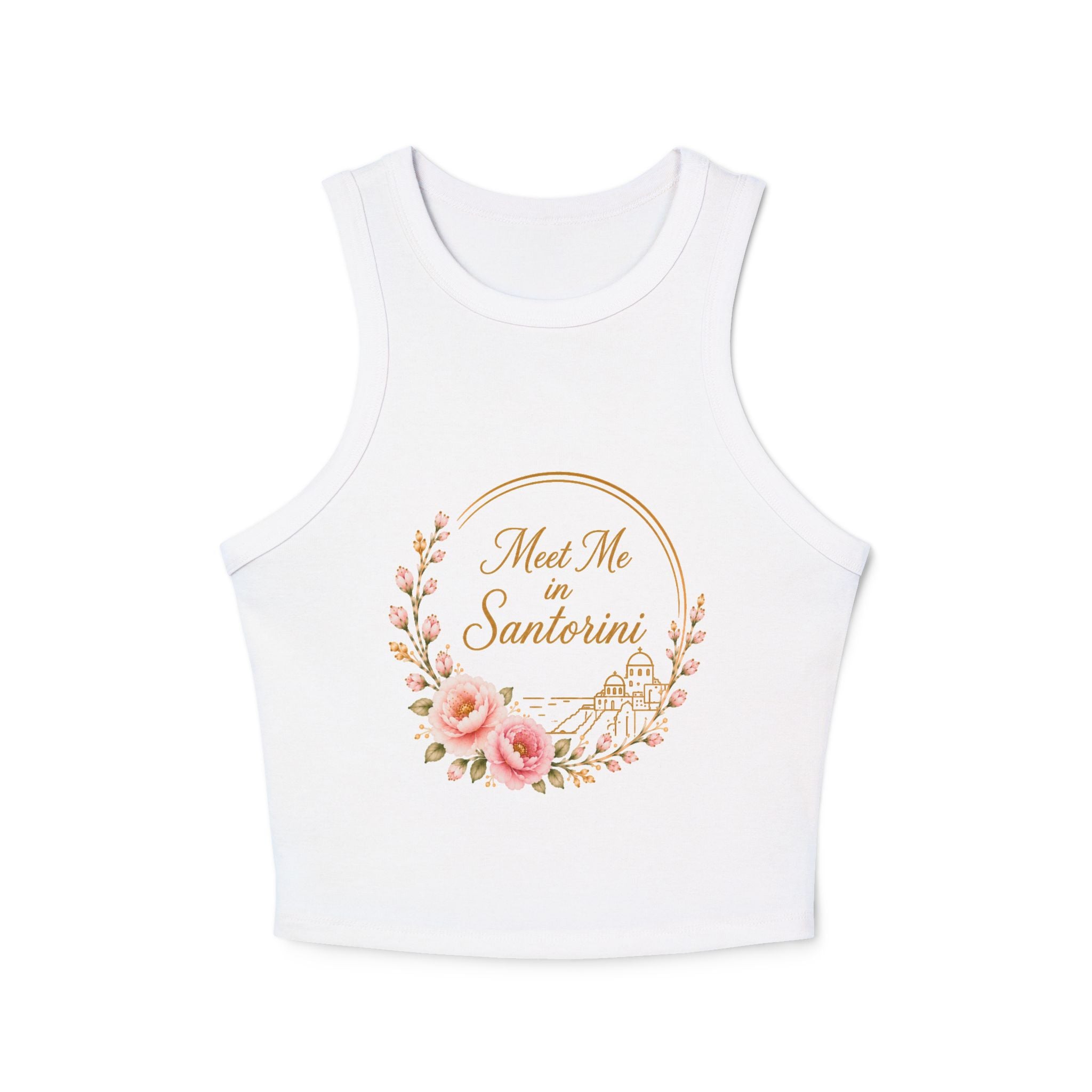 Santorini Floral Racer Tank Top — "Meet Me in Santorini" Crop