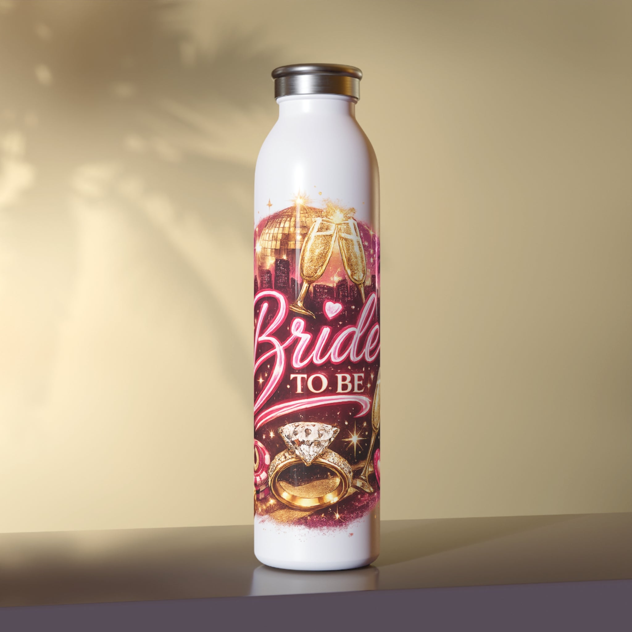 Bride-to-Be Slim Water Bottle — Bachelorette Party Keepsake with Rings & Champagne Design