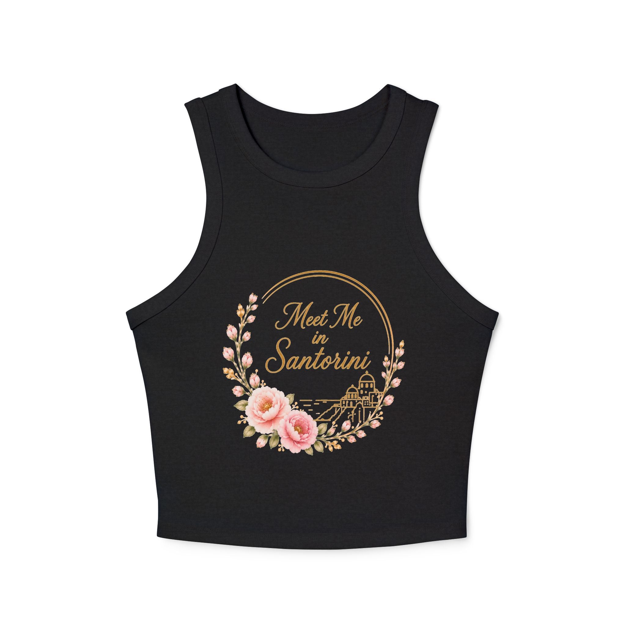 Santorini Floral Racer Tank Top — "Meet Me in Santorini" Crop