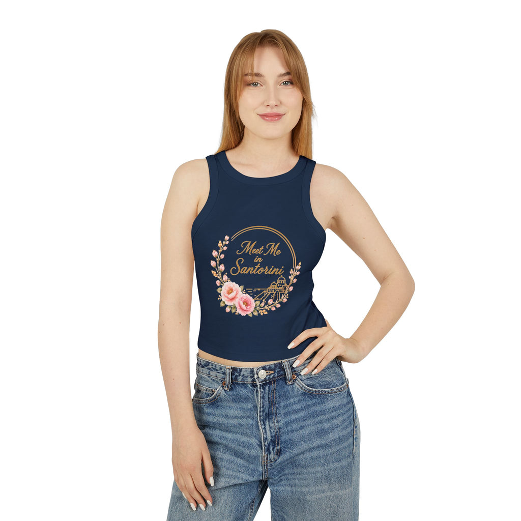 Santorini Floral Racer Tank Top — "Meet Me in Santorini" Crop
