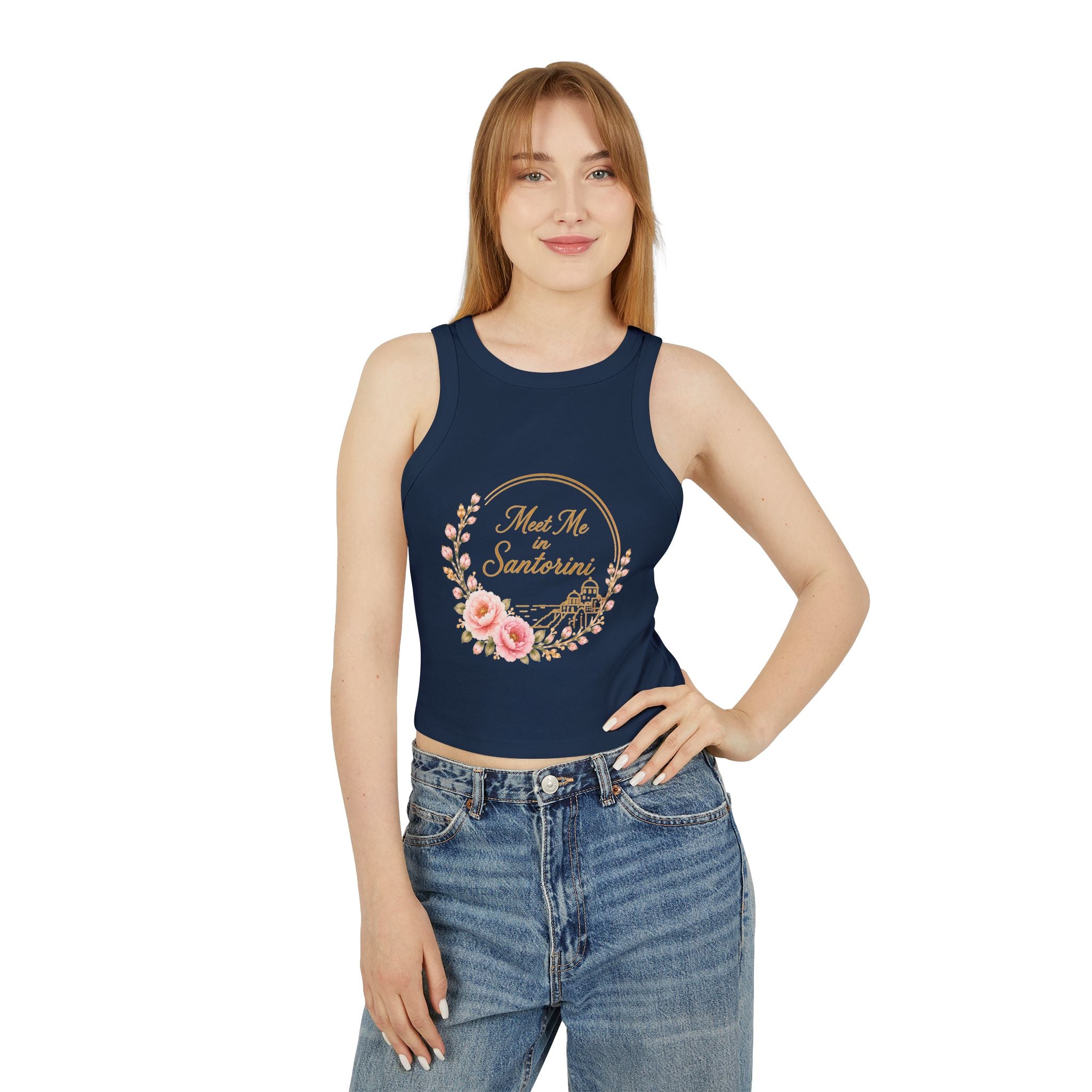 Santorini Floral Racer Tank Top — "Meet Me in Santorini" Crop