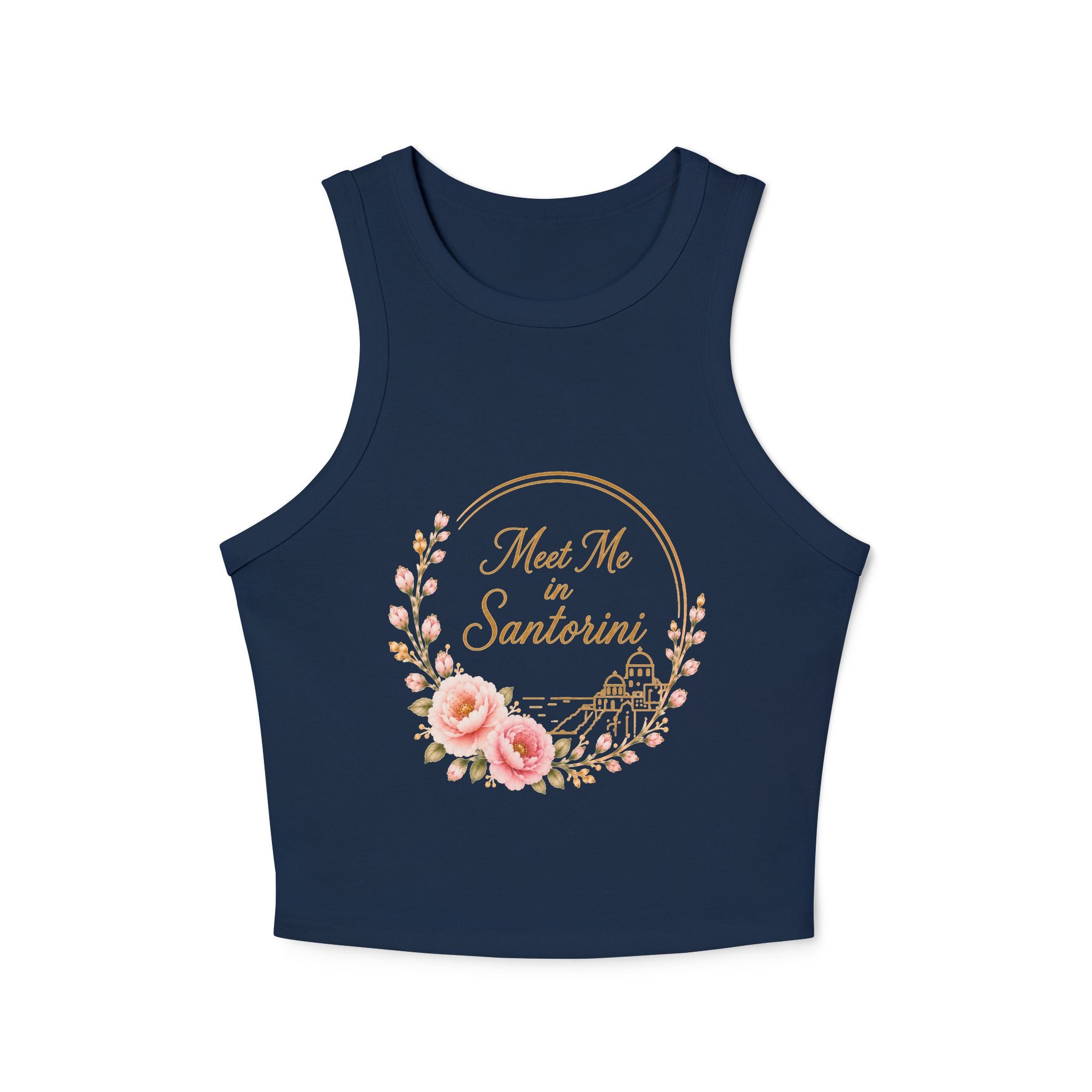 Santorini Floral Racer Tank Top — "Meet Me in Santorini" Crop