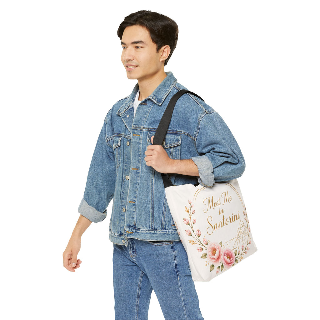 Copy of Santorini Floral Tote Bag — “Meet Me in Santorini” Adjustable Canvas Tote