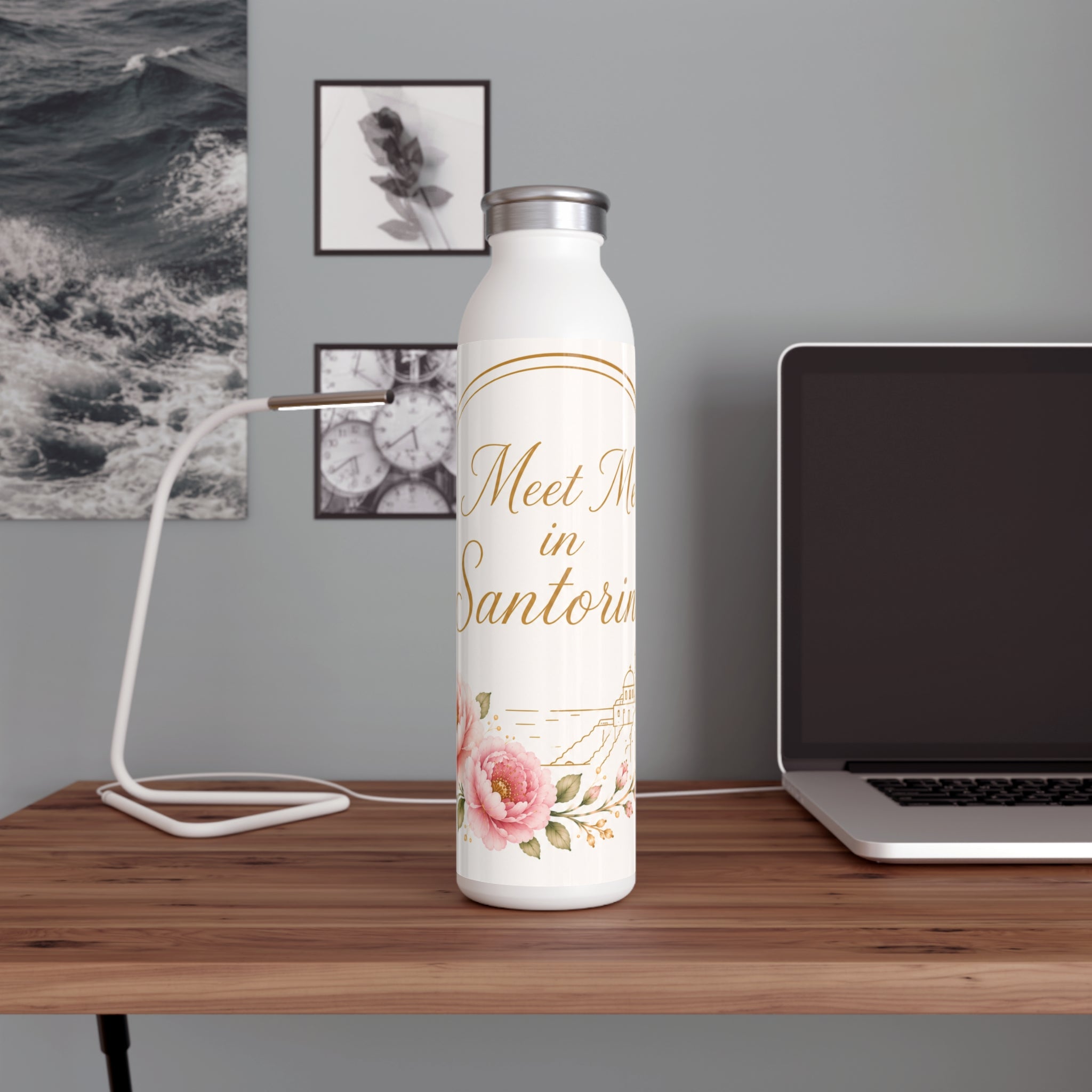 Meet Me in Santorini Slim Water Bottle — Floral Travel Insulated Bottle