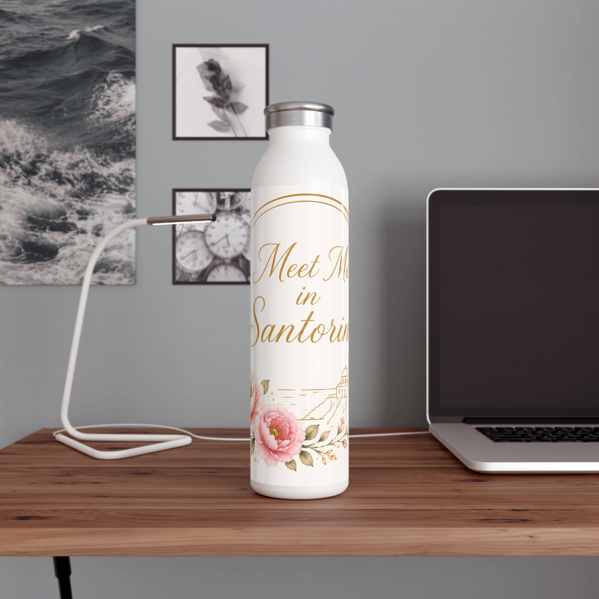 Copy of Meet Me in Santorini Slim Water Bottle — Floral Travel Insulated Bottle