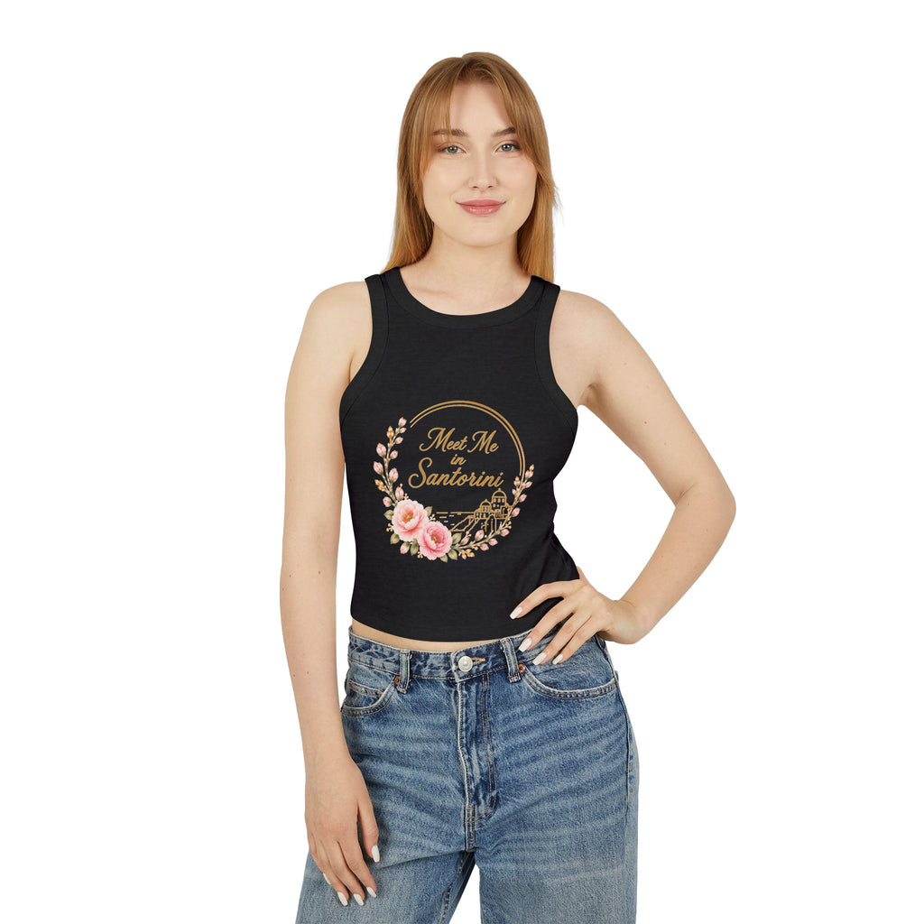 Santorini Floral Racer Tank Top — "Meet Me in Santorini" Crop